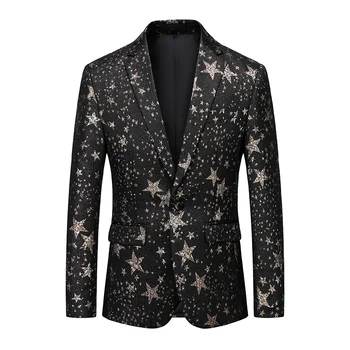 YASUGUOJI Şık Yıldız Desen Elbise Blazers Erkekler 2022 Yeni Tepe Yaka Bir Düğme Parti Balo Şarkıcı Smokin Takım Elbise Ceket Erkek Blazer