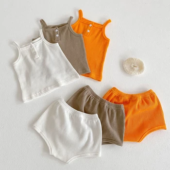 Yaz Bebek Çocuk Bebek Erkek Kız Kolsuz Saf Renk Yelek + Şort giyim setleri Yenidoğan Çocuklar Bebek Erkek Kız Takım Elbise