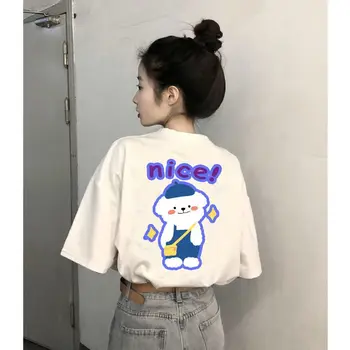 Yeni Kore Versiyonu Niş Tasarım Mektubu Tavşan Grafik Baskı Bayan T-Shirt Casual Gevşek Boy Kısa Kollu Tees