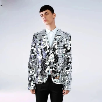 Yeni Kutlamak Gümüş Ayna ceketli cam Adam Performans Kostüm Parlak Ayna Elmas Takım Elbise Ceket Yıldız Blazers Ceket Ceket
