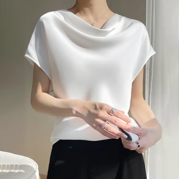 Yeni O-Boyun İpek Askı Yelek Bayanlar İnce Yelek Saten Gevşek Ceket Kolsuz Üst Yaz Kazak Askı kısa kollu t-shirt