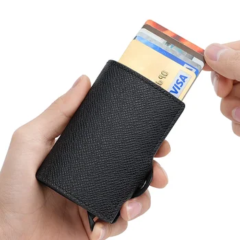 Yeni Otomatik Pop-up kart çantası PU Metal Alüminyum Kasa Kart Kol RFID kart tutucu kredi kartı kılıfı Bozuk Para Cüzdanı