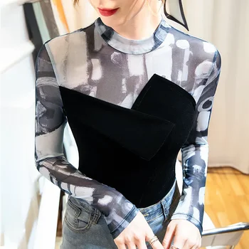 Yüksek Kalite 2024 Kadın Üstleri Gazlı Bez Ekleme T-shirt Kadın Giyim Kış Sonbahar Seksi Kırpma üst Giysi Moda Rahat Bluz Y2k