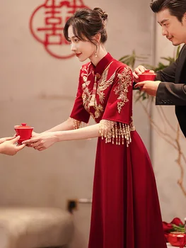 Çin Düğün Cheongsam Vintage Zarif Tost Giyim Modern Akşam Parti Kıyafeti Mandarin Yaka Gelin Düğün Qipao Elbise