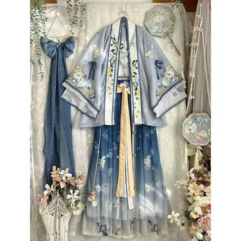 Çin Hanfu Elbise Kadınlar Antik Geleneksel Nakış Hanfu Kadın Peri Cosplay Kostüm yaz elbisesi Mavi Hanfu Kadınlar İçin