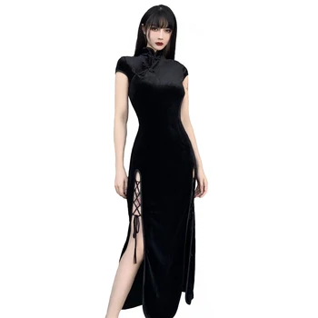 Çin Tarzı Cheongsam Harajuku Vintage Siyah Bandaj Yüksek Yarık Kadife Elbise Retro Uzun Qipao Gotik Kadın Estetik Elbise S-XL