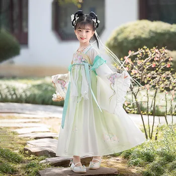 Çocuk Hanfu Kız Brokar Ölçekli Göğüs Elbise Peri Çin Tarzı Koi Nakış 2023 Sonbahar Yeni Antik Performans Giyim