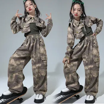 Çocuklar Kpop Hip Hop Giyim Camo Kırpma Gömlek Tank Top Kargo Rahat Sokak Geniş Kargo Pantolon Kız Caz dans kostümü Giysi