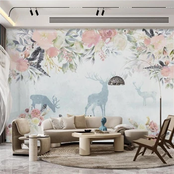 Özelleştirilmiş duvar kağıdı 3D el-boyalı İskandinav çiçek duvar geyik çiçek deniz çalışma odası oturma odası TV arka plan duvar dekorasyon